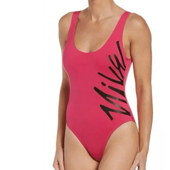 Nike Small Logo Pink Swimsuit 1-Piece Open-Back Scoop Neck Stretch Lined No Cups - Picture 1 of 10
